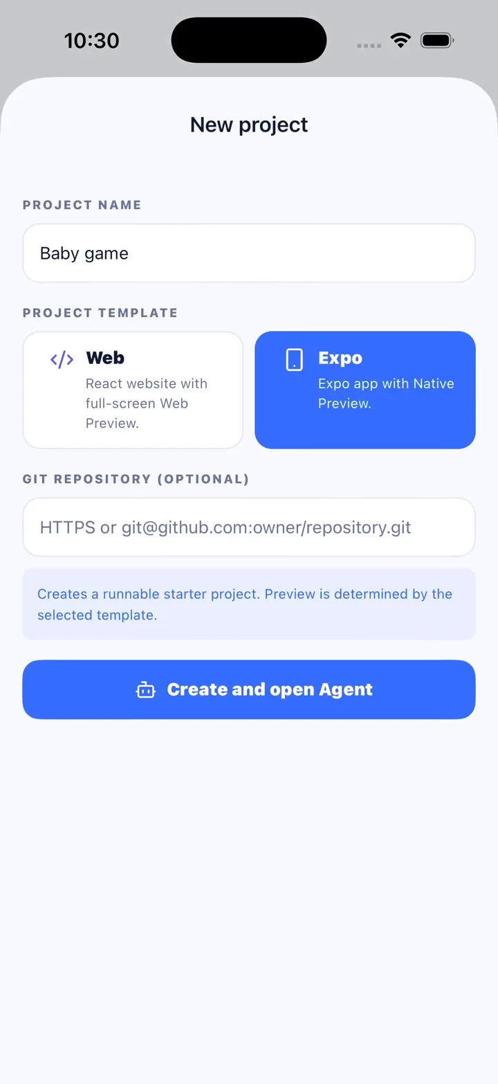 RunWhale New Project screen with Baby game entered, Expo selected, and the optional Git repository field empty.