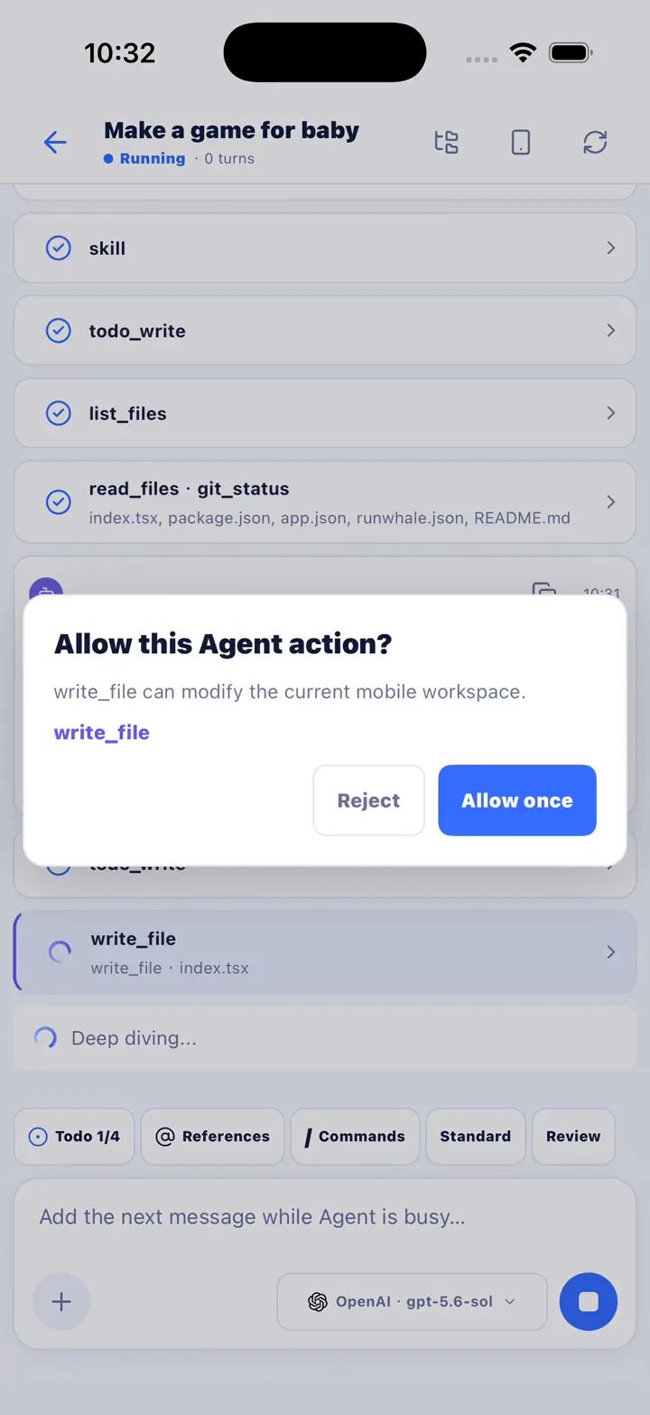 RunWhale asking permission to write index.tsx, with Reject and Allow once buttons.