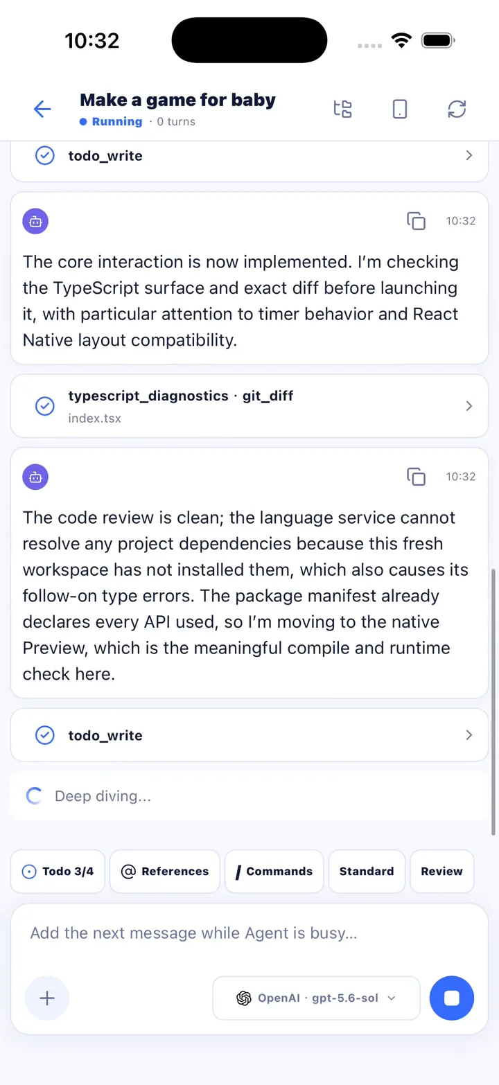 TypeScript diagnostics and Git diff activity, followed by the Agent's unresolved-dependency summary before Native Preview.