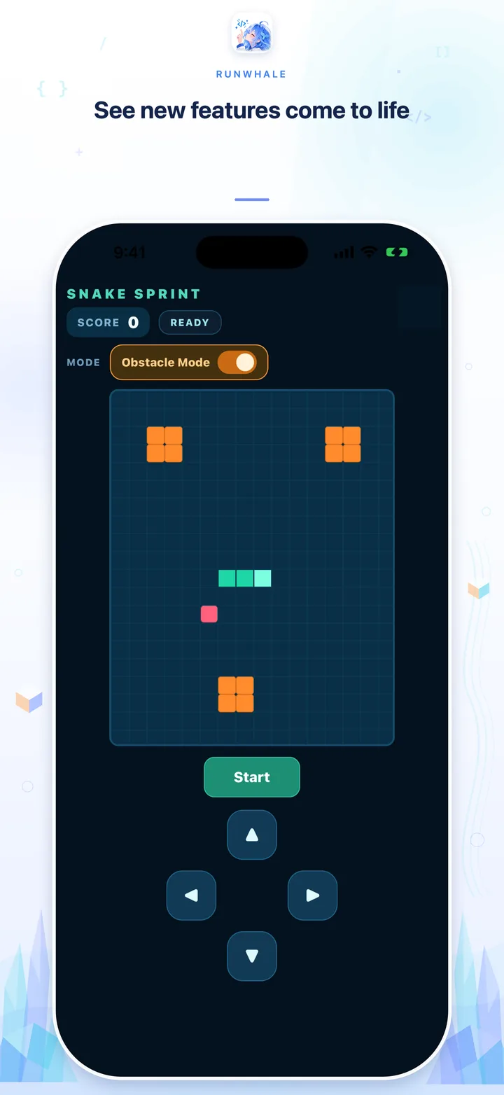 Recorded Snake Sprint Native Preview with Obstacle Mode and orange barriers on the game board.
