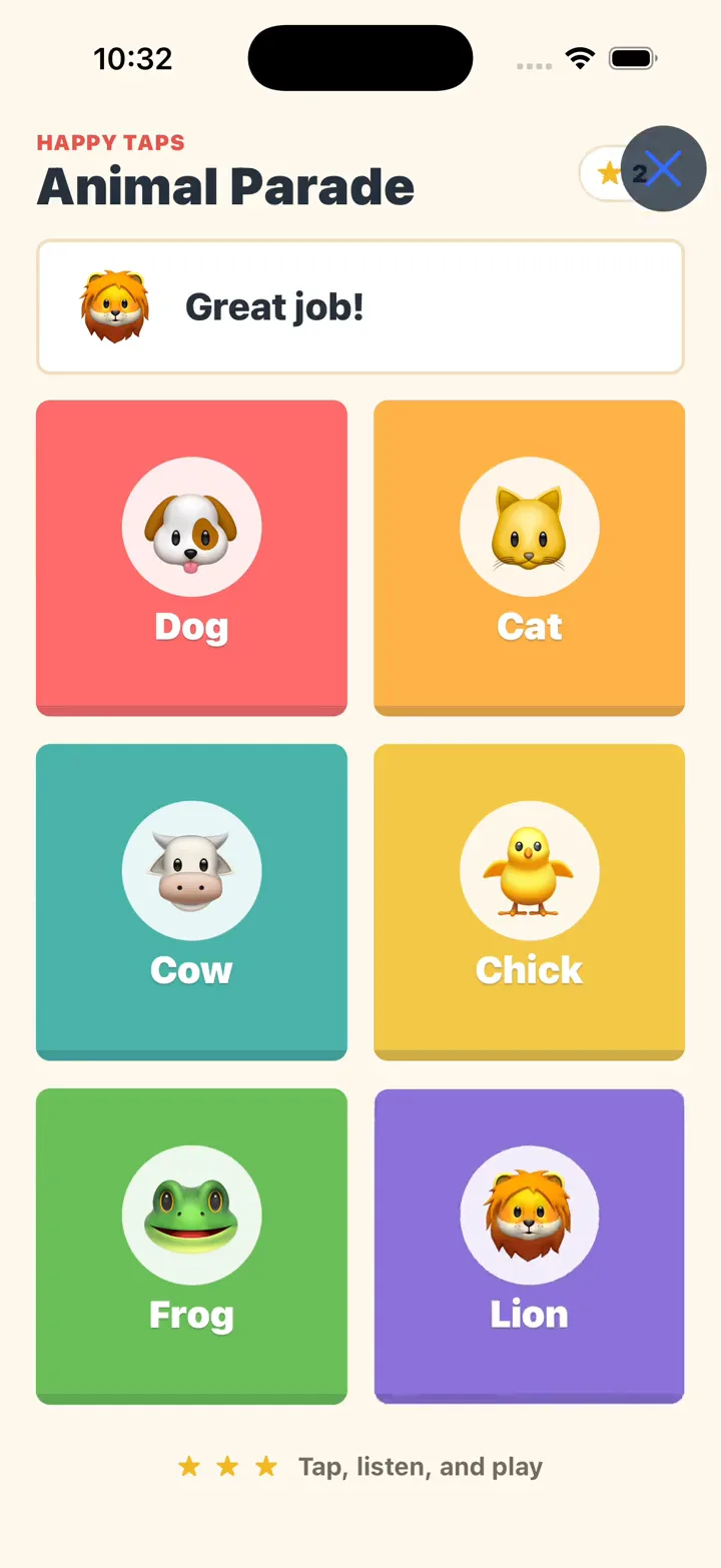 Animal Parade displaying Great job! beside the Lion icon after an interaction in Native Preview.
